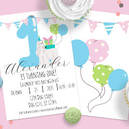 Invitación Perro lindo junto al primer cumpleaños azul