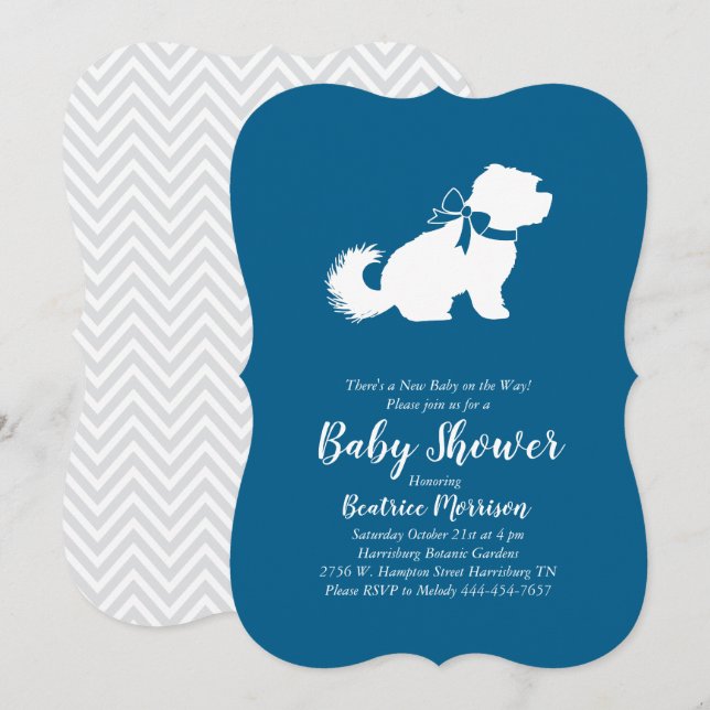 Invitación Perro maltés Baby Shower Blue Boy (Anverso / Reverso)