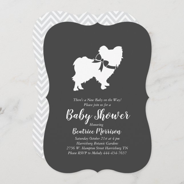 Invitación Perro Papillon Baby Shower Sexo Neutral (Anverso / Reverso)