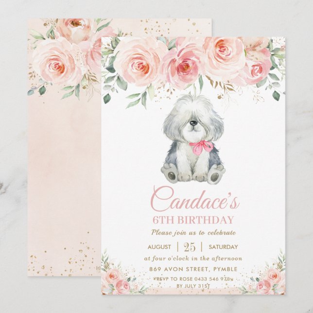 Invitación Perro pastor Perro cachorro Perro Chica Floral Ros (Anverso / Reverso)