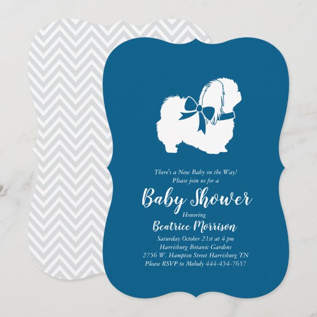 Invitación Perro Pekín Baby Shower Boy Azul (Anverso / Reverso)
