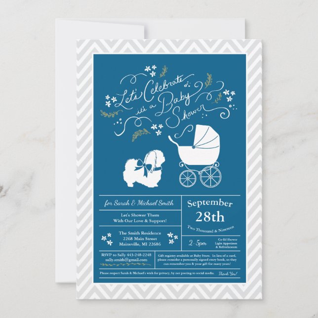 Invitación Perro pekingés niño Baby Shower azul (Anverso)