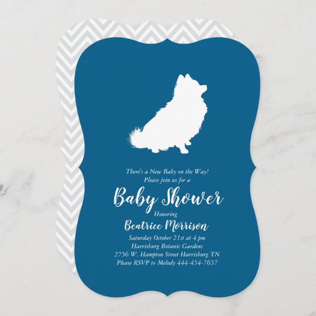 Invitación Perro Pomerania Baby Shower Blue Boy (Anverso / Reverso)