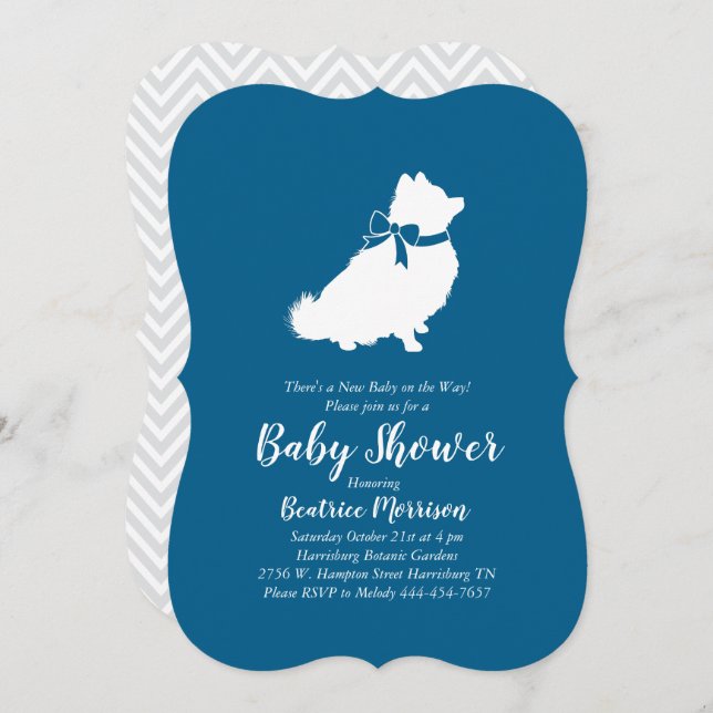 Invitación Perro Pomerania Baby Shower Blue Boy (Anverso / Reverso)