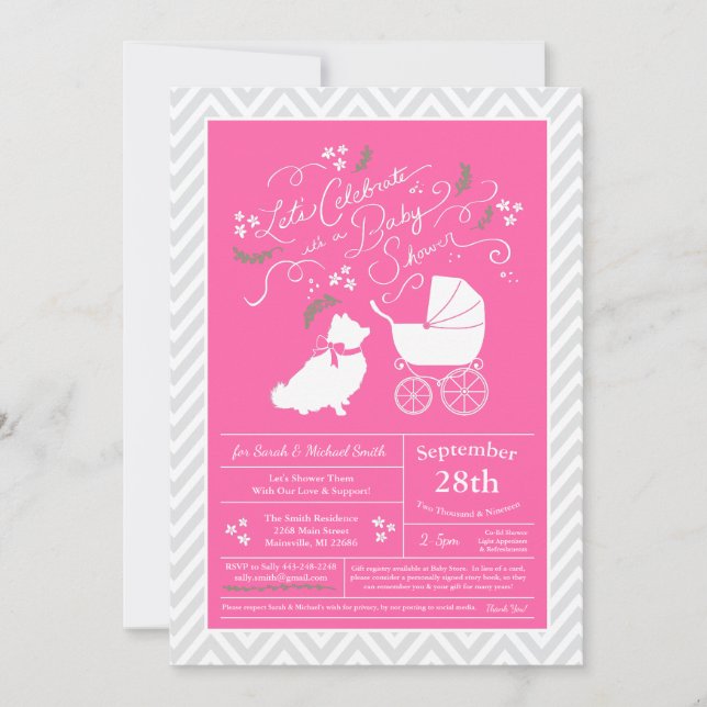 Invitación Perro Pomerania Baby Shower Chica rosa (Anverso)