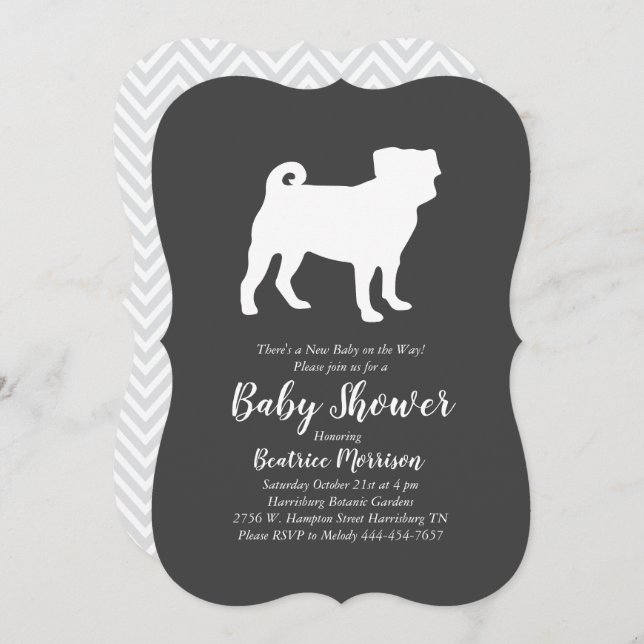 Invitación Perro Pug Baby Shower Género Gris neutro (Anverso / Reverso)