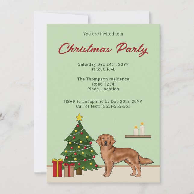 Invitación Perro Retriever Dorado Rojo Con Árbol de Navidad V (Anverso)