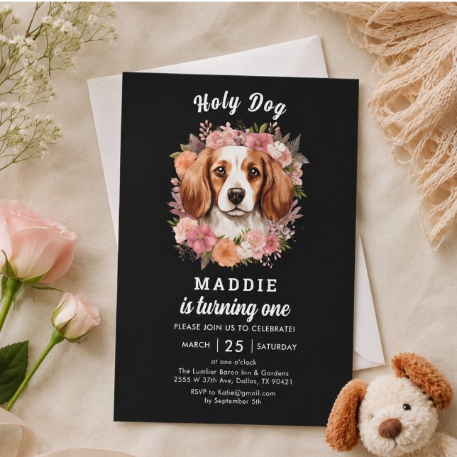 Invitación Perro Santo, Cumplo Uno! Cumpleaños de Perrita 1 (Holy Dog, I'm One! Dog Girl 1st Birthday Invitation)