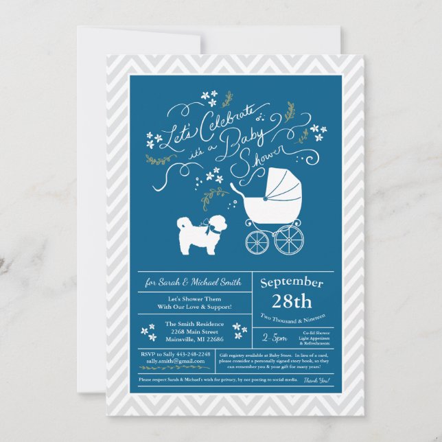 Invitación Perro Shih Tzu Baby Shower Niño Azul Teddy Oso (Anverso)