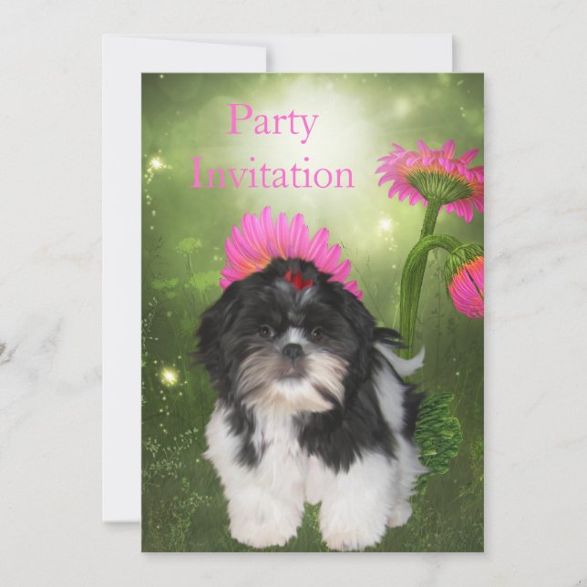 Invitación perro Shih Tzu y flores (Anverso)