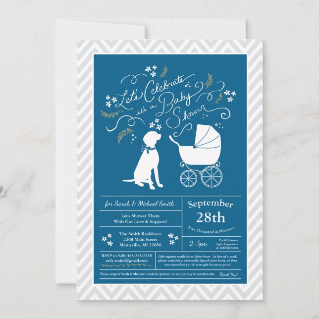 Invitación Perro Vizsla, niño Baby Shower azul (Anverso)