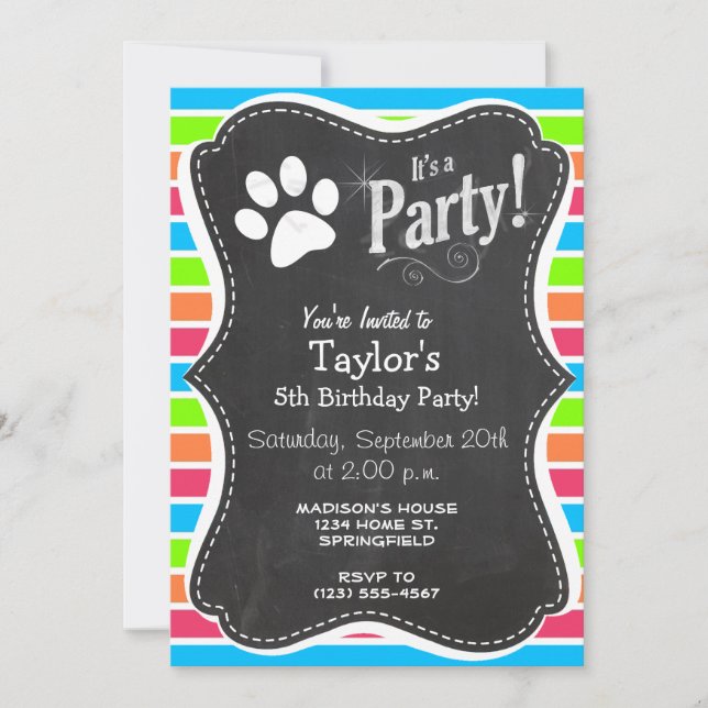 Invitación Perro, Woof; Neon Naranja, franjas verdes rosas (Anverso)