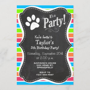 Invitación Perro, Woof; Neon Naranja, franjas verdes rosas