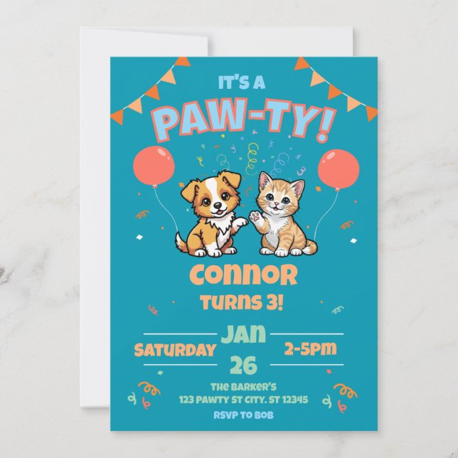 Invitación Perro y gato Cumpleaños Paw-ty (Anverso)