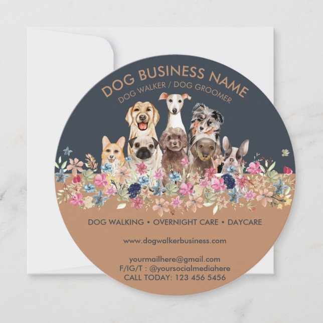 Invitación Perros con flores círculo (Anverso)
