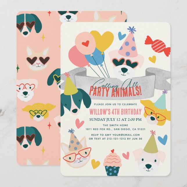 Invitación Perros de animales fiestas y globos de gato Cumple (Anverso / Reverso)