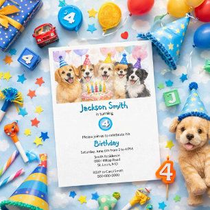 Invitación Perros de Fiesta de Cumpleaños Acuarela Niños