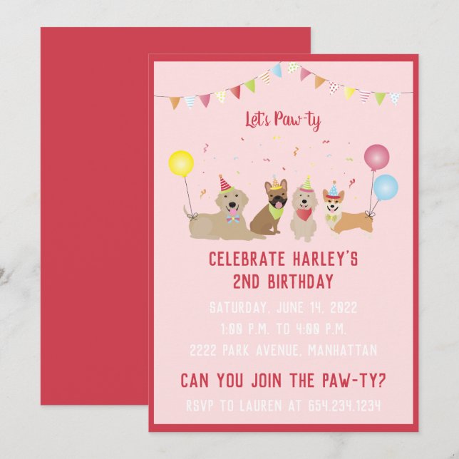 Invitación Perros de fiesta de cumpleaños de Pawty (Anverso / Reverso)
