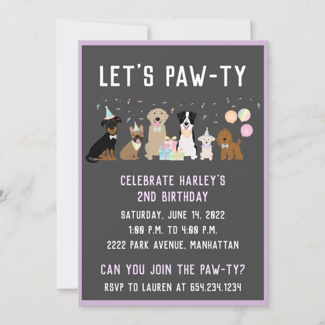 Invitación Perros de fiesta de cumpleaños de Pawty (Anverso)