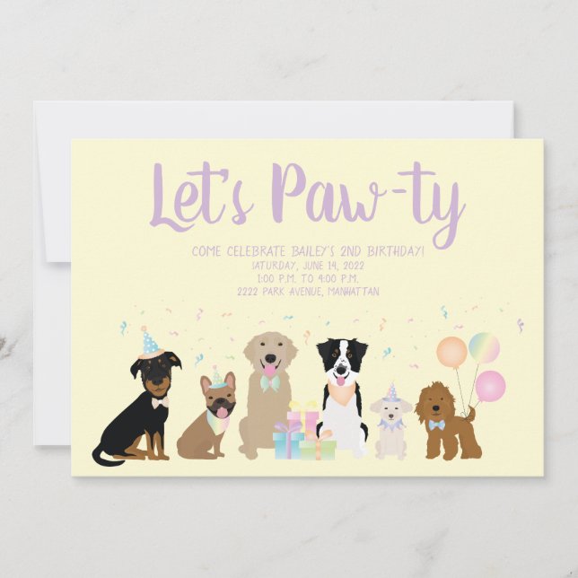 Invitación Perros de fiesta de cumpleaños de Pawty (Anverso)