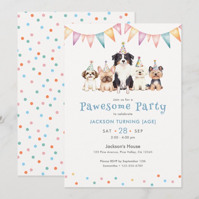 Invitación Perros de fiesta Pawesomes Cumpleaños personalizad (Anverso / Reverso)