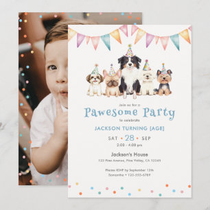 Invitación Perros de fiesta Pawesomes Cumpleaños personalizad
