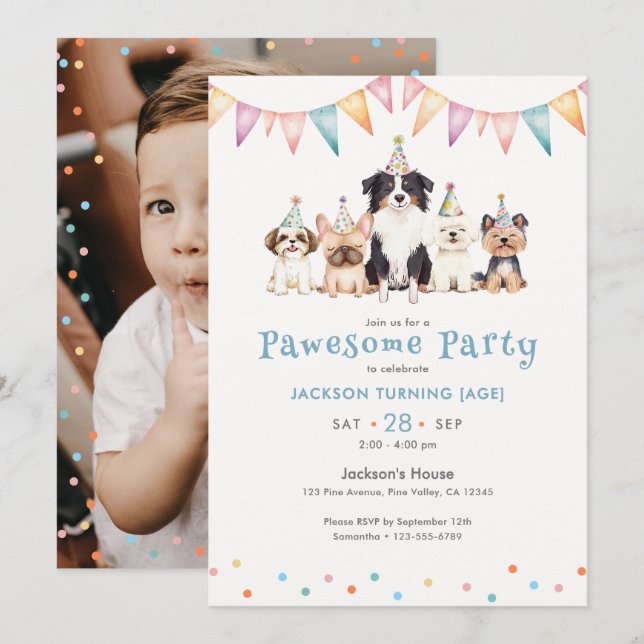 Invitación Perros de fiesta Pawesomes Cumpleaños personalizad (Anverso / Reverso)