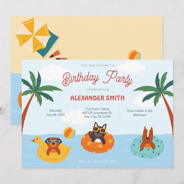 Invitación Perros de verano en el cumpleaños de la playa (Anverso / Reverso)