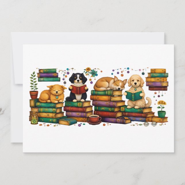 Invitación Perros leyendo libros Escena de biblioteca acogedo (Anverso)
