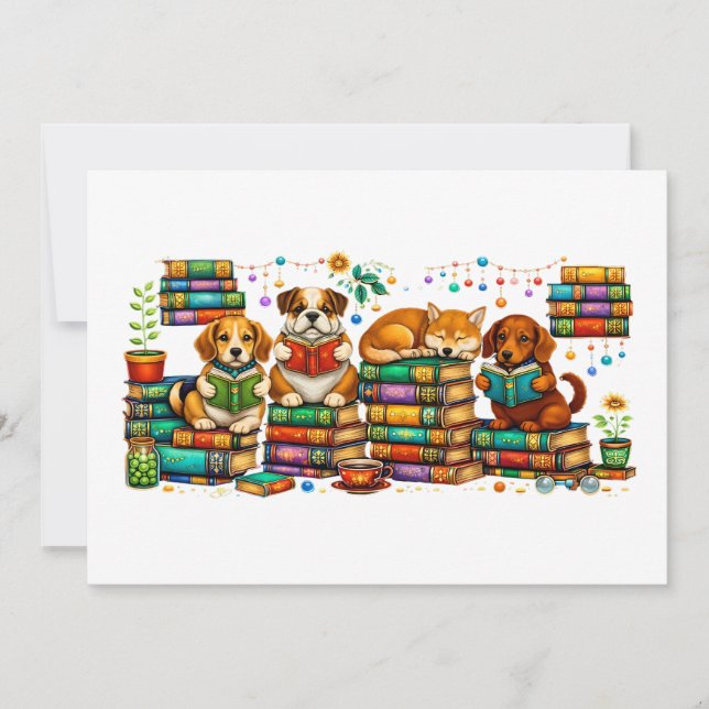 Invitación Perros leyendo libros Escena de biblioteca acogedo (Anverso)