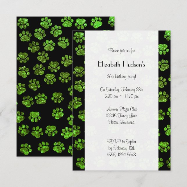 Invitación Perros, pasamanos, Purpurina - Negro verde (Anverso / Reverso)