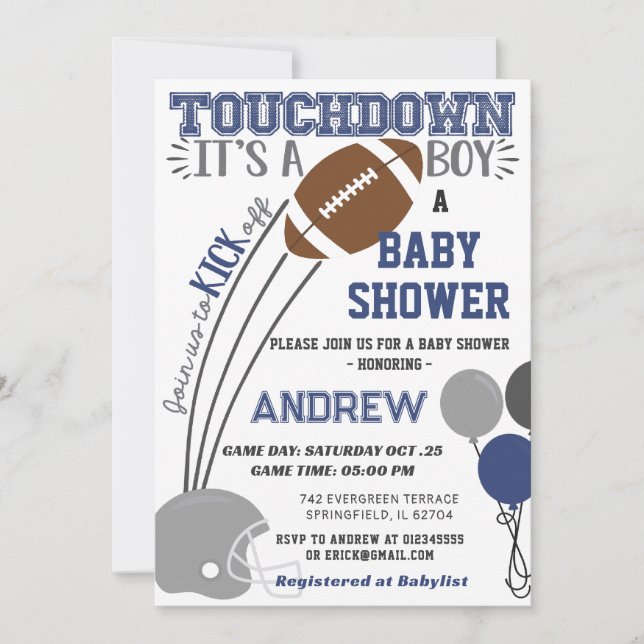 Invitación Persoanal Touchdown Navy Baby Shower de fútbol azu (Anverso)