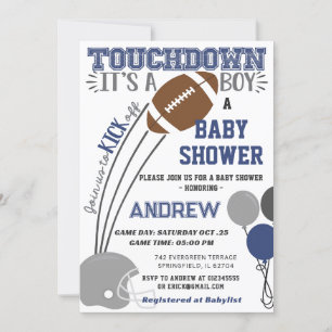 Invitación Persoanal Touchdown Navy Baby Shower de fútbol azu