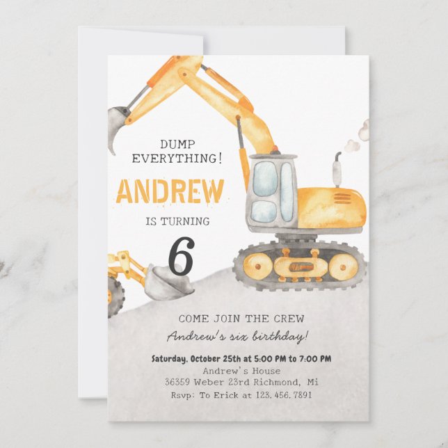 Invitación Persona A Moderna Excavator Truck Birthday Party (Anverso)