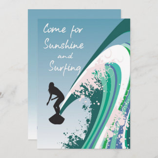 Invitación Persona que practica surf gráfica en la sol de la