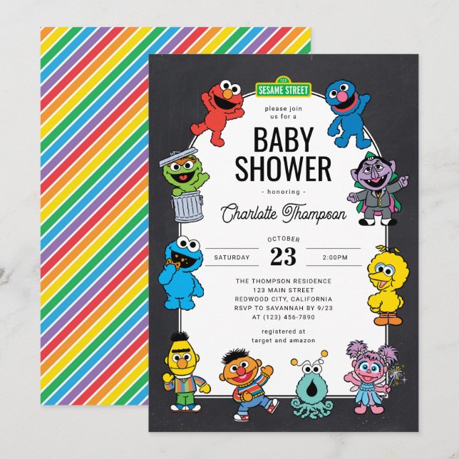 Invitación Personajes de Sesame Street Pizarra Baby Shower (Anverso / Reverso)