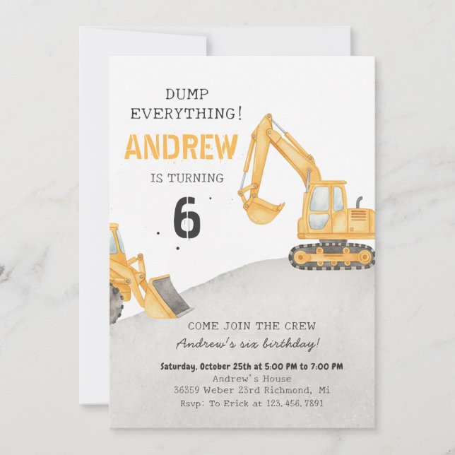 Invitación Personal A Modern Excavator Truck Birthday Party (Anverso)