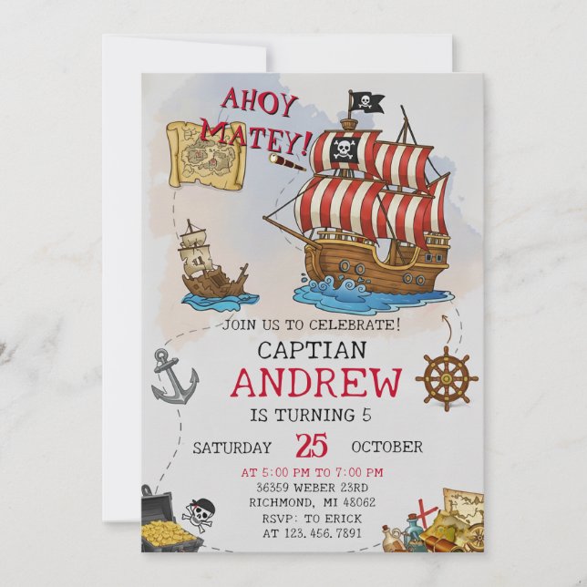 Invitación Personal Ahoy Mateys Pirate Ship Birthday Party (Anverso)