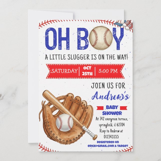 Invitación Personal Baseball Baby Shower Little Slugger (Anverso)