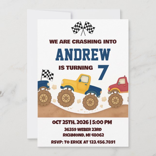 Invitación Personal Boy Monster Truck Birthday Party  (Anverso)