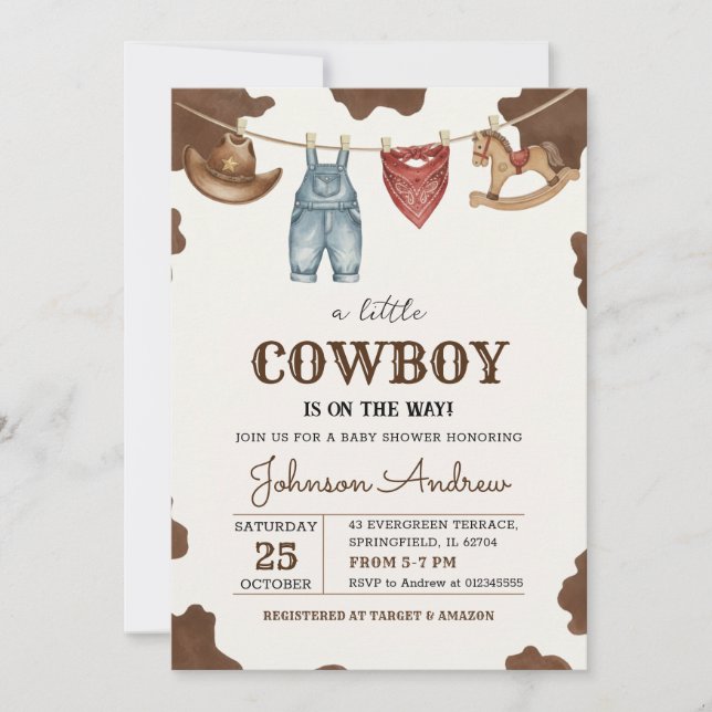 Invitación Personal Brown Cowboy Baby Shower Invitation (Anverso)