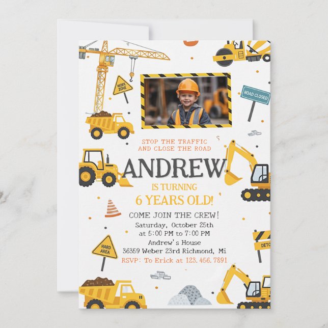 Invitación Personal Construction Birthday Party with Image (Anverso)