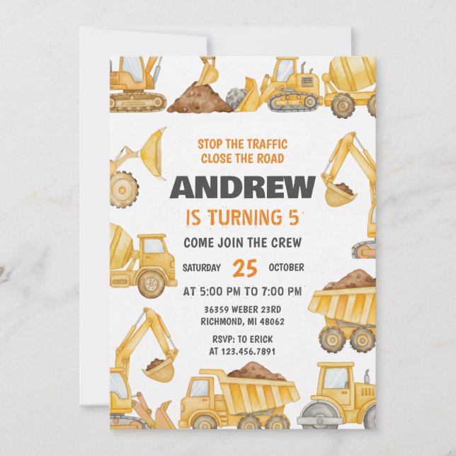 Invitación Personal Construction Boys Modern Birthday Party  (Anverso)