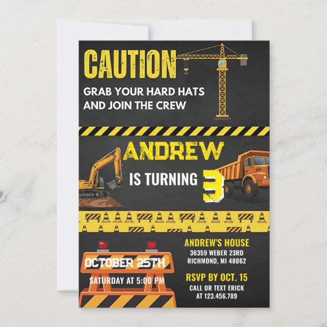 Invitación Personal Construction Yellow Building Birthday  (Anverso)