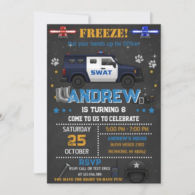 Invitación Personal Cop Policeman Birthday Party for Kid (Anverso)