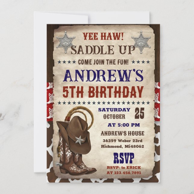 Invitación Personal Country Western Cowboy Birthday (Anverso)