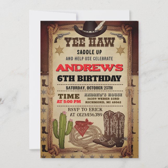 Invitación Personal Cowboy Hat and Lasso Wild West Birthday (Anverso)