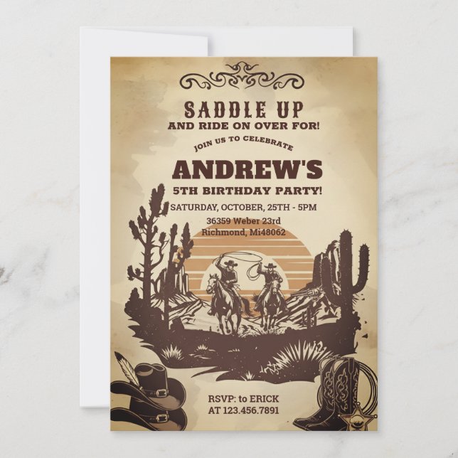 Invitación Personal Cowboy Western Birthday Party (Anverso)