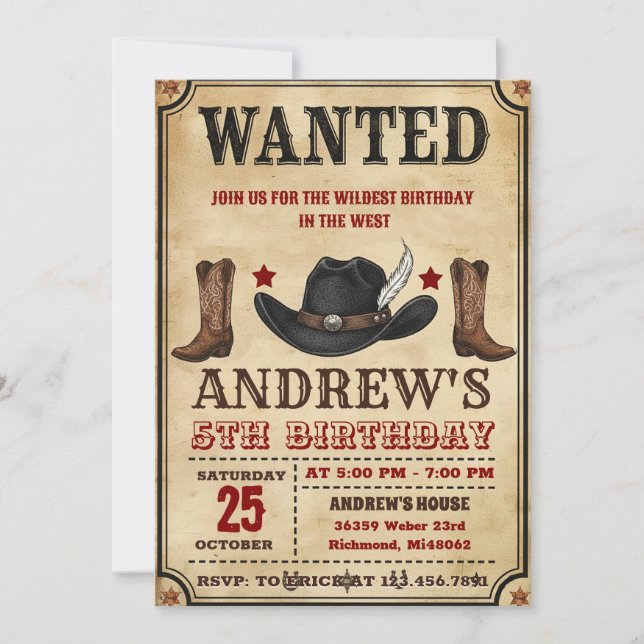 Invitación Personal Cowboy Wild West Party Birthday (Anverso)