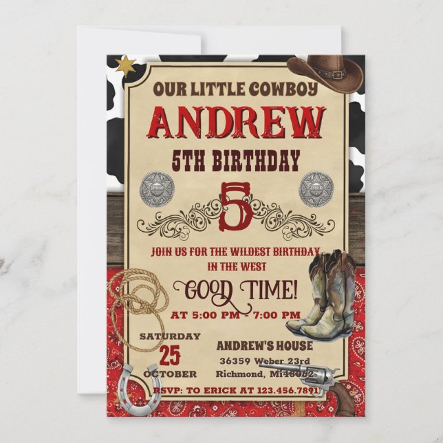 Invitación Personal Cowboy Wild West Rustic Wood Birthday (Anverso)